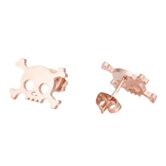 ROSE GOLD Skull Stainless Steel Stud Earrings With Gift Bag - Picture 2 of 5